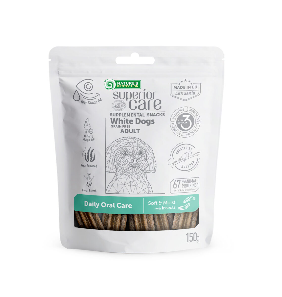 NATURE’S PROTECTION SUPERIOR CARE dopunska hrana bez žitarica – poslastica za oralnu njegu s insektima za odrasle pse bijele dlake, 150g