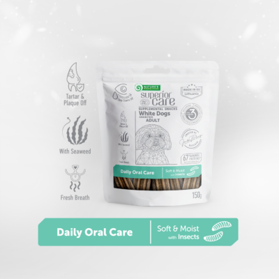 NATURE’S PROTECTION SUPERIOR CARE dopunska hrana bez žitarica – poslastica za oralnu njegu s insektima za odrasle pse bijele dlake, 150g - Slika 2
